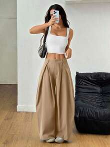 Pantalones anchos de verano con dobladillo curvo verde, estilo vintage, casual y para salir - Caqui - Ver 9