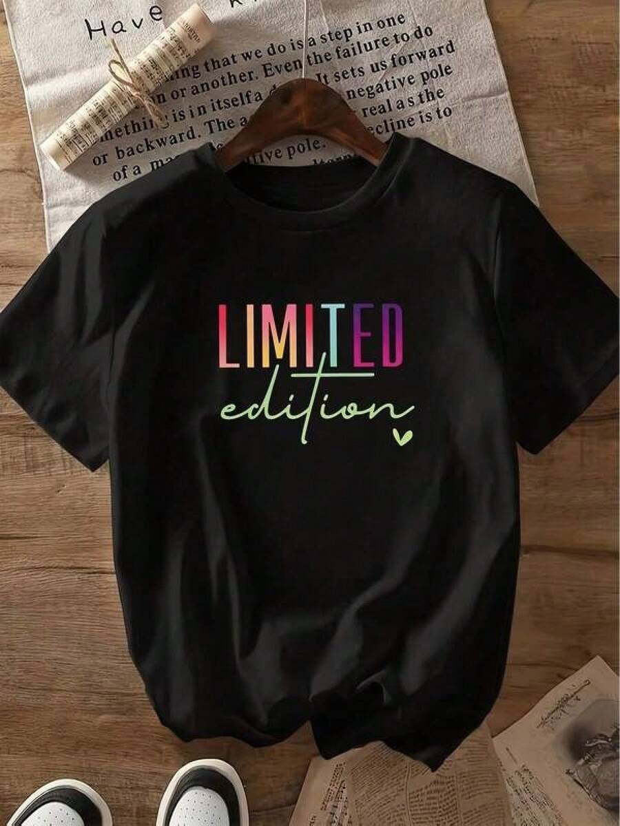 1pc Camisetas Para Mujer Camiseta única edición limitada con diseño vibrante y moderno estilo y2k perfecta para destacar tu personalidad y seguir las  más populares en México ideal para cualquier ocasión y para expresar tu autenticidad con estilo Camiseta De Manga Corta De Algodón - Negro - Ver 1