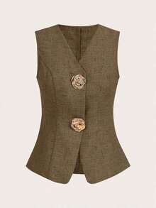 Blusa sin mangas con botones de metal en forma de rosa, estilo francés, para uso casual y de oficina, blusa de verano de alta gama - Marrón - Ver 6