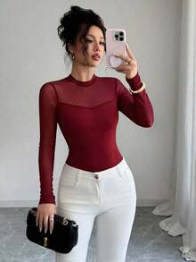 Blusa de manga larga elegante de unicolor con empalme transparente y ajuste elástico para mujer, otoño/invierno - Burdeos - Ver 1