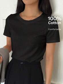 Camiseta de manga corta casual de cuello redondo de unicolor, estilo casual de negocios para mujer - Negro - Ver 7
