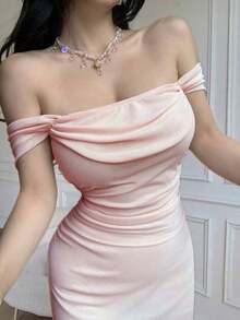 YHHCelisse Vestido elegante ajustado con hombros descubiertos y drapeado de unicolorYHH - Rosa - Ver 8