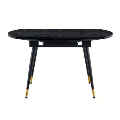 Modern Extendable Dining Table, Transforms From Round To Oval, MDF Tabletop In Black/Walnut With Gold Details, Sturdy Metal Legs, Saves Space In The Kitchen And Dining Room.