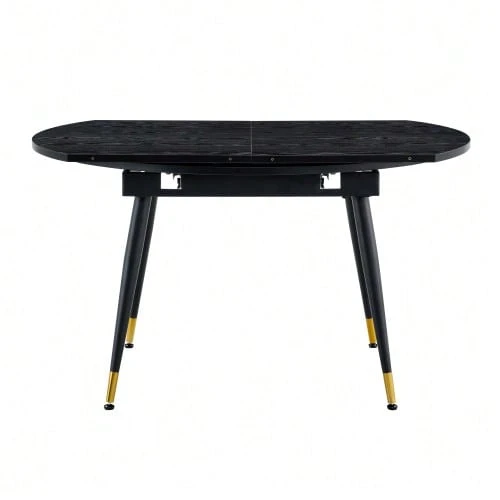 Modern Extendable Dining Table, Transforms From Round To Oval, MDF Tabletop In Black/Walnut With Gold Details, Sturdy Metal Legs, Saves Space In The Kitchen And Dining Room. - Black - View 1