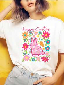 Camiseta de Algodón Blanca para Mujer - Estampado Colorido de Conejo de Pascua y Flores de Primavera 100% Algodón - Blanco - Ver 7