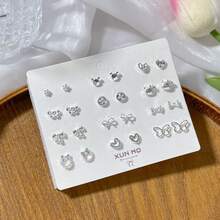 11对猫眼石耳环套装，包含粉色蝴蝶结、玫瑰花、珍珠、五角星、粉色亮片耳环，简约锌合金材质，时尚日常佩戴，送给女朋友的礼物 - 淺藍色 - 查看 2