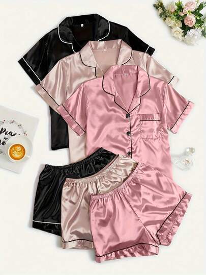 6pcs Satin Pajama Set For Women, Lapel Collar Button Front Solid Color Short Sleeve Shirt And Shorts, Soft Loungewear Sleepwear Set For Women, Suitable For Home Use