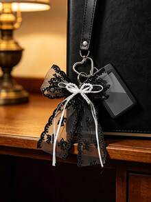 Black Lace Bow Heart-Shaped Clasp Pendant With Pearl Decor, Suitable For Bag Charm, Keychain, Can Hold ID Card, Star Card, Transit Card, Photo, Residence Permit, Etc. - Multicolor - View 4