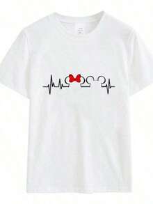 Simple And Versatile Design, Unisex Pure Cotton T-Shirt With Summer Heartbeat Print, Harajuku Style, Couple Set, Pure Cotton T-Shirt - 白色 - 查看 1