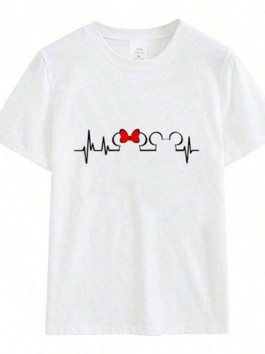 Simple And Versatile Design, Unisex Pure Cotton T-Shirt With Summer Heartbeat Print, Harajuku Style, Couple Set, Pure Cotton T-Shirt - 白色 - 查看 1