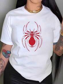 Under The RadarCamiseta casual para mujer blanca con llamativo estampado de araña roja - Cuello redondo cómodo, manga corta, lavable a máquina - Perfecta para primaveraverano, blusa de verano Camiseta con gráfico atrevido Tela no transparente 100% Algodón-Vintage Street Style Unisex Loose Cotton Short Sleeve Crew Neck T-Shirt - Blanco - Ver 7