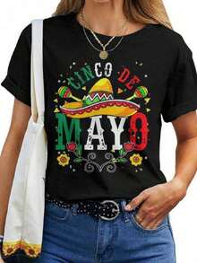 Camiseta genial informal para el Cinco de Mayo, Viva México, fiesta de la independencia mexicana, camiseta de mujer con bandera, manga corta, cuello redondo, de algodón, para la moda de verano. - Negro - Ver 7