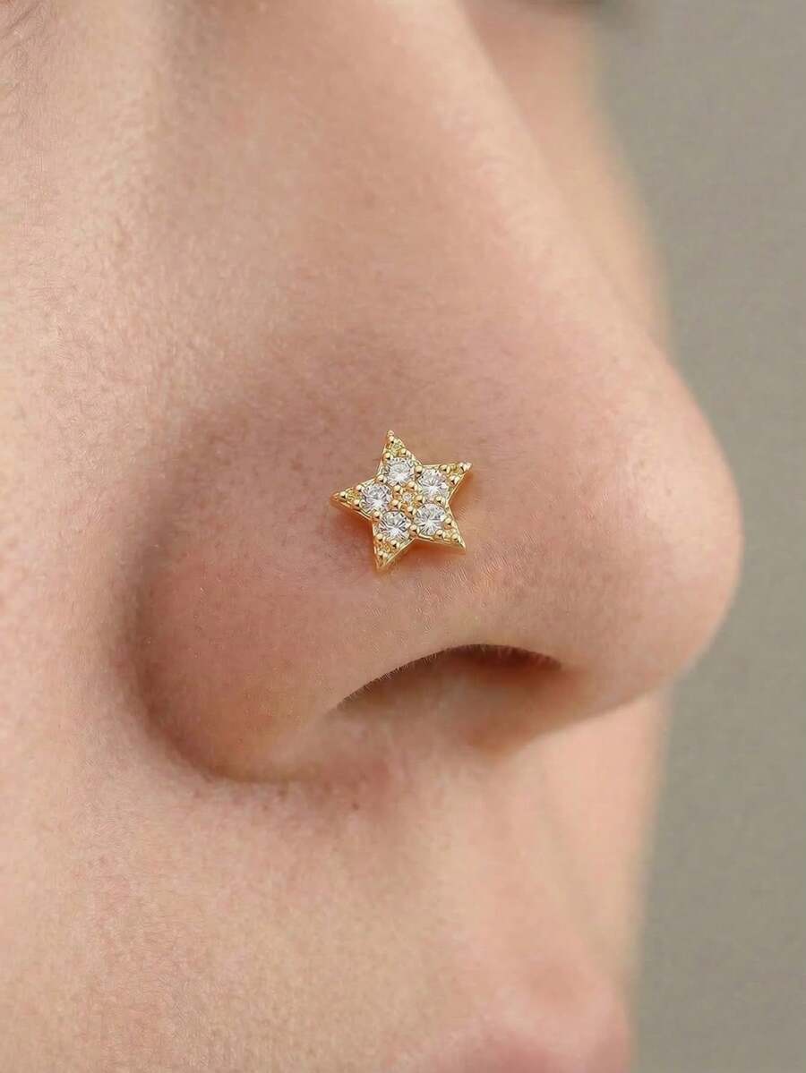 1件裝奢華復古風五角星鼻釘,鍍金鑲滿天合成立方鋯石,L型穿刺鼻環,女款簡約精緻時尚百搭設計,適合日常配戴、宴會、母親節、感恩節、畢業季、開學季、生日派對、中東齋月、開齋節 - 金色 - 查看 1