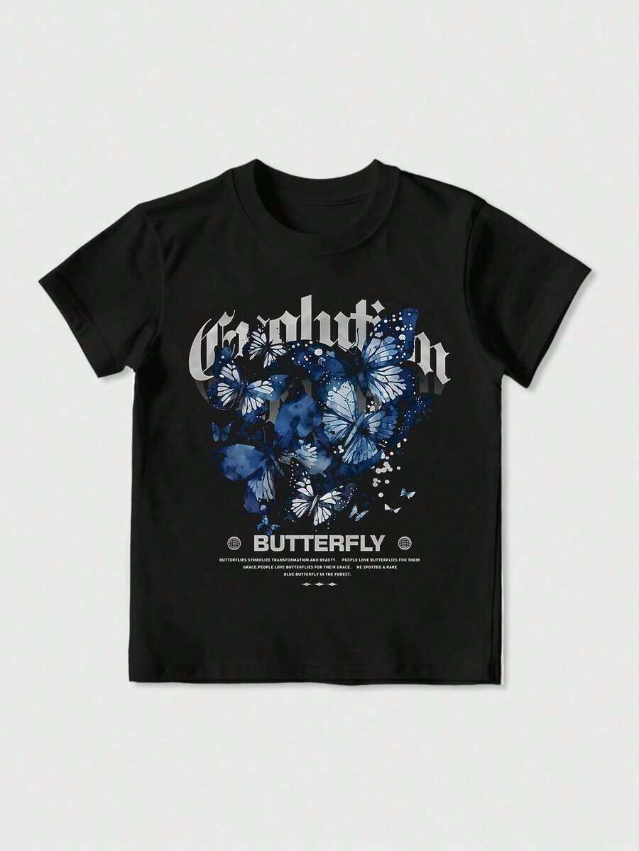 Men's Short-Sleeved T-Shirt With A Stylish Dark Blue Butterfly Print, Modern And Casual, Basic T-Shirt - Relaxed And Comfortable, Short Sleeve, Round Neck, Women's T-Shirts, Top. Suitable For Spring, Summer And Autumn - 黑色 - 查看 1