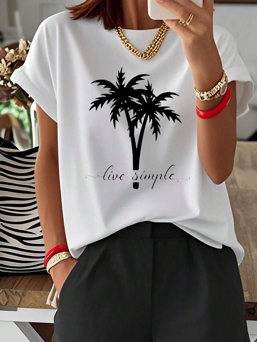 Comfortable Print. 1 Women's Black T-Shirt With A Tropical Palm Tree Design, Short Sleeves, Perfect For Casual Beach Outings, Recommended As A Mother's Day And Father's Day Gift. This Soft Summer Essential Features A Digital Print And A Relaxed Fit. Simple And Casual Summer Top. - 白色 - 查看 1