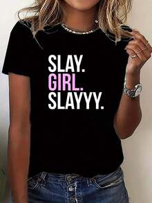 Camiseta ligera y transpirable de una sola pieza para mujer, de cuello redondo y estilo casual, con la impresión "Slay irl Slayyy", adecuada para todas las estaciones, de estilo deportivo, ideal para usar en capas en conjuntos de primavera y otoño. - Negro - Ver 2