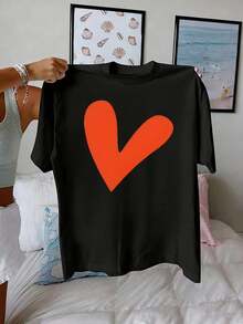 1 pieza de camiseta de algodón puro para mujer, con cuello redondo, diseño sencillo, estampado de anime con letras a la moda y forma de corazón, 180g 100% algodón. - Blanco - Ver 9