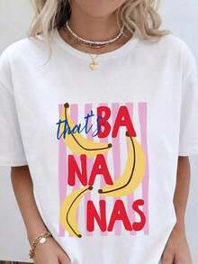 Camiseta casual de mujer con estampado de plátanos, eslogan en inglés, fondo a rayas, estampado divertido, cuello redondo y mangas cortas, estilo casual para primavera, verano y otoño, ropa de verano, top de mujer para la vuelta al cole, camisas de mujer. - Blanco - Ver 1