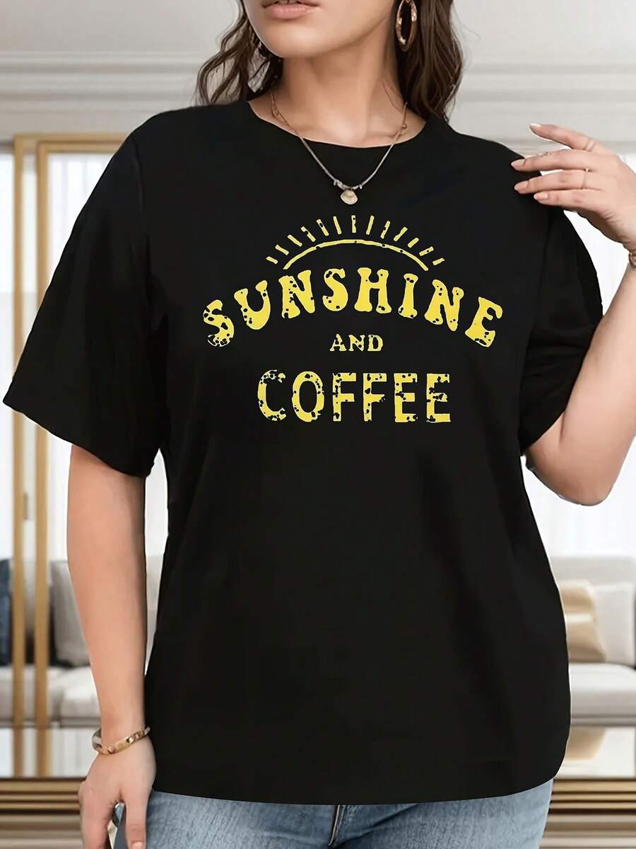 100% Cotton, Plus Size - Women's Plus Size Casual T-Shirt - Sun And Coffee Print Design, White With Yellow Lettering, Soft And Breathable Fabric, Round Neck, Machine Washable, Comfortable For All Seasons, Gift For Coffee Lovers, Loose Fit T-Shirt, Stretchy Material. - 黑色 - 查看 1