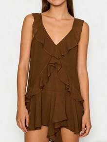 Women's Chiffon Ruffle Mini Dress V-Neck Sleeveless Flowy Swing Dress Tiered Ruffle Hem A-Line Dress For Summer - Marrón - Ver 1