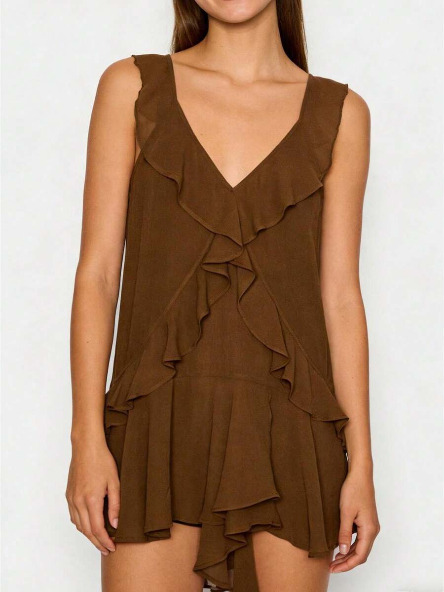 Women's Chiffon Ruffle Mini Dress V-Neck Sleeveless Flowy Swing Dress Tiered Ruffle Hem A-Line Dress For Summer - Marrón - Ver 1