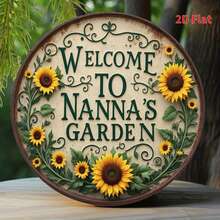 1 pièce Décoration murale plate vintage de tournesol - Design plat 2D, panneau rond avec le texte "Bienvenue dans le jardin de Nanna", taille : 20 cm x 20 cm, en fer, convient pour la décoration de la maison et du jardin ou en cadeau | Décoration murale de jardin rustique | Style vintage. Trous pré-percés comme indiqué dans le tableau des tailles - Multicolore - Voir 4