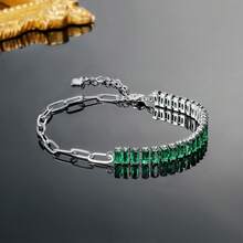 MDFUN 18K White Gold Plated Bracelet, Baguette Cut CZ Half Tennis Half Paperclip Chain Adjustable Bracelet, Multicolor Elegant Jewelry For Women - Green - View 5