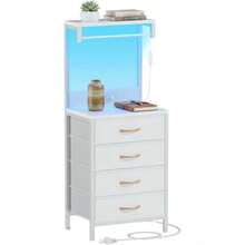 Mesita de Noche con Tira de Luz LED y Enchufe Buros para Recámara con 4 Cajones de Tela Mesa Auxiliar con Estante de 2 Niveles para Dormitorio y Sala Blanco - Blanco - Ver 9