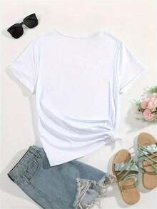 Women's 100% Cotton One-Piece T-Shirt With English Letter Print, Round Neck, Short Sleeve Casual Sporty Style For Spring And Summer, Breathable Cotton T-Shirt For Women, Goes With Everything. - 白色 - 查看 5