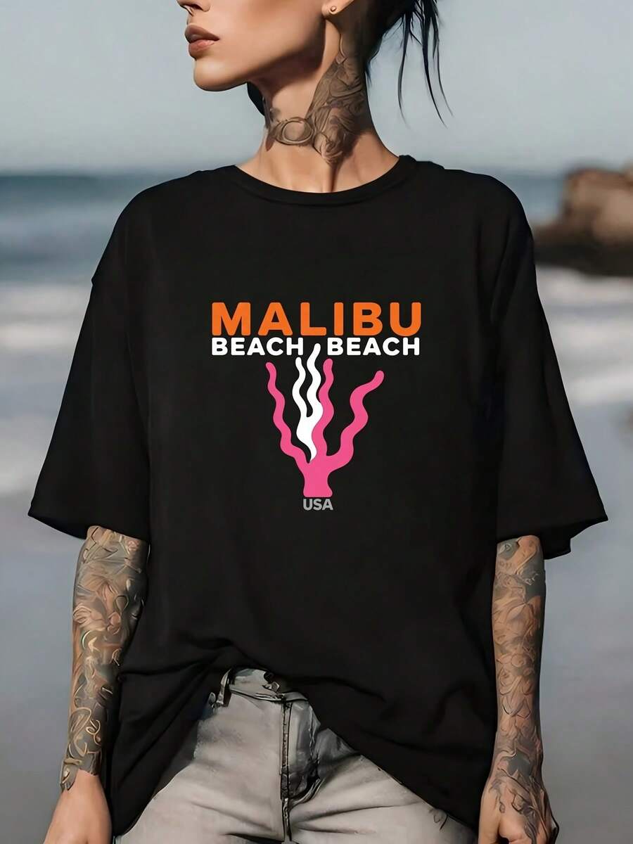 Malibu Beach USA T-Shirt For Family Outings And Corporate Meetings | Soft 180g T-Shirt For Men And Women - Perfect For Summer Festivals And Gifts - 黑色 - 查看 1