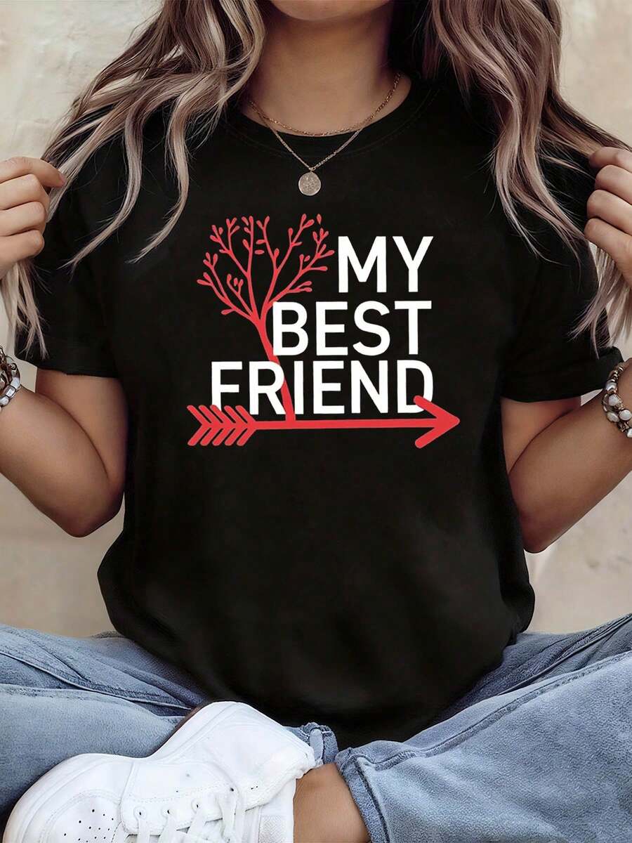 Women's Tops, Women's T-Shirts, Mother's Day, Casual Blouses For Ladies, Women's Tops, 2000s Style, Women's T-Shirt With Arrow And Tree Design, Red-White, Creative Graphic, Casual Short Sleeve, Eye-Catching And Stylish Top For Daily Best Friend Gatherings, Perfect For Spring-Summer. - 黑色 - 查看 1