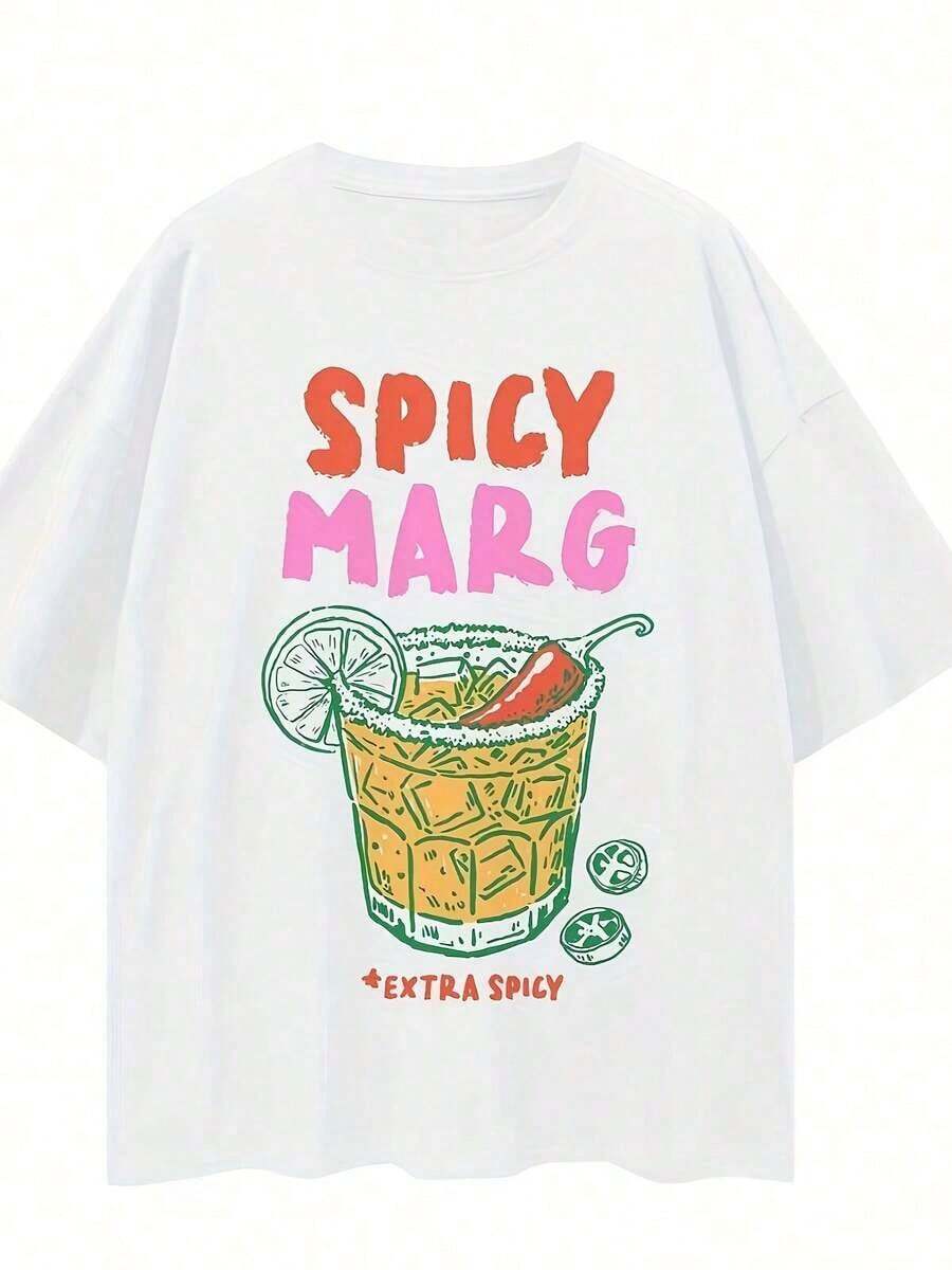 1 Piece Spicy Margarita Top, Margarita Social Club, Beach Vibe T-Shirt, One Piece Summer Dress (Korean) | Versatile Printed T-Shirt For Women, For Spring And Summer, Machine Washable, Woven, Regular Length, 180g, 100% Cotton - 混合顏色 - 查看 1