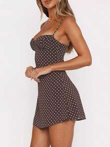 Vestido corto de mujer con estampado de puntos, sin mangas, con tirantes de espagueti, vestido de línea A, vestido casual de verano - marrón claro - Ver 2