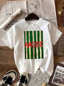Women's White T-Shirt With Red AMORE Print - Soft And Breathable Round Neck T-Shirt, Lightweight For Everyday Wear And Parties - Machine Washable Casual Women's T-Shirt, Suitable For The Beach And Formal Occasions - Ideal Gift, Summer Fashion, Beachwear. - 白色 - 查看 1