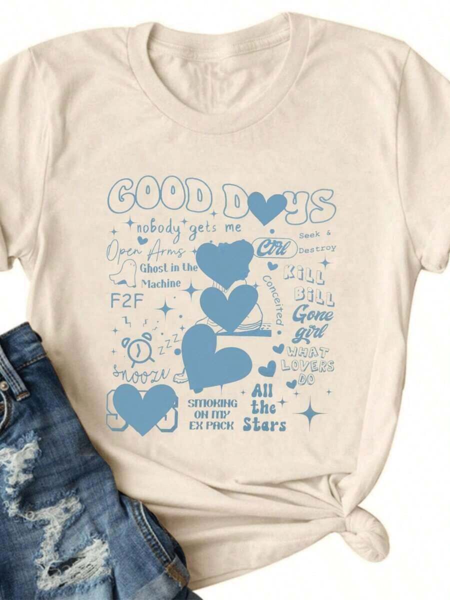 Women's Casual T-Shirt "Good Days", Cute And Stylish, With Heart Print, Short Sleeve, Modern And Cool Top - 杏色 - 查看 1