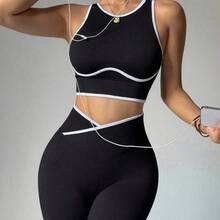 Dewbera Contrast Trim Hollow Back Camisole & Leggings Sports Suit - Marrón - Ver 7