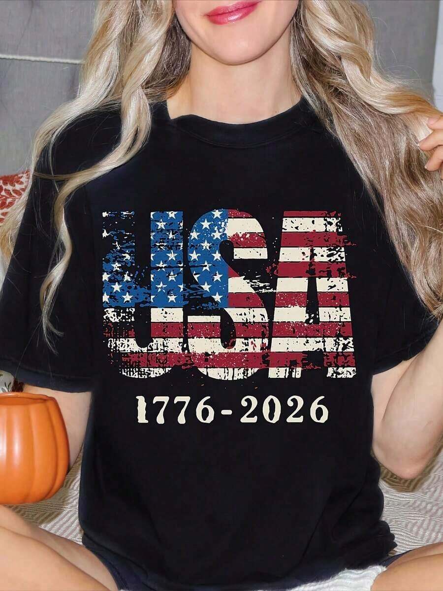 United States 250th Anniversary Commemorative T-Shirt, American Flag Design, Casual Crew Neck, Short Sleeve, Commemorative Gifts For The 250th Anniversary Of The Founding Of The United States, Independence Day Commemorative T-Shirts, Unisex Solid Color T-Shirts For The 4th Of July. - 黑色 - 查看 1