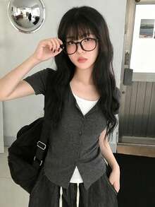 Korean Chic Contrast Color Round Neck 2 In 1 Short Sleeve T-Shirt, Retro College Style Fitted Top Casual Summer - Dark Grey - View 4