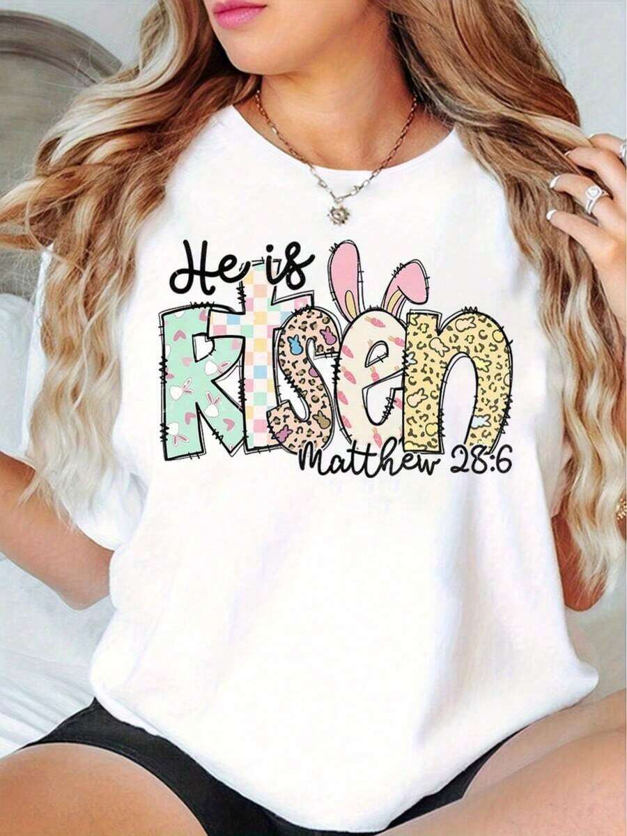 Camiseta de Pascua para Mujer con la Frase "Él ha resucitado" y el Versículo Bíblico Mateo 28:6 - Conejito Pastel y Letras Florales, Cuello Redondo Suave, Manga Corta, Camiseta Casual Cristiana para Pascua, Navidad, Celebraciones de Primavera - Ropa Religiosa Apta para Todas las Temporadasblusas para mujer>ropa - Blanco - Ver 1
