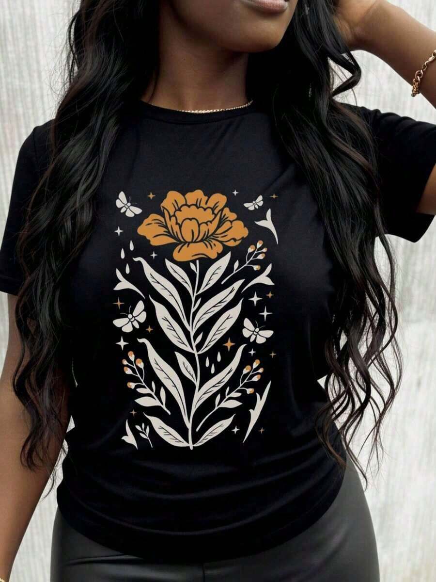 Women's Cotton T-Shirts With Floral Design, Orange Flower And Butterfly Print T-Shirt For Women, Casual Summer Clothing, Gift For Mother's Day Or Birthday, Basic Blouses For Women. - 黑色 - 查看 1