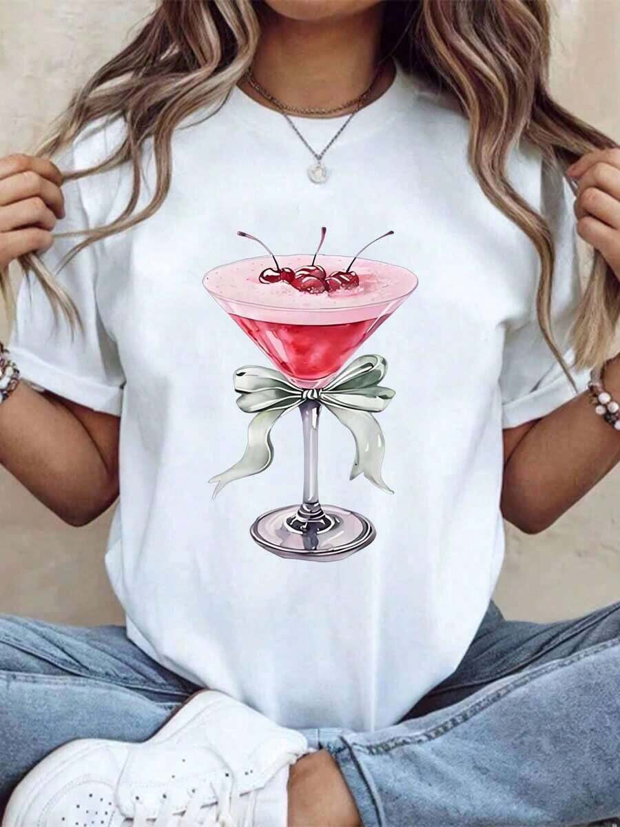 Camiseta de cóctel Cherry Martini con diseño de lazo, talla grande para mujer, ropa casual para fiestas y celebraciones navideñas, 220g - Estilo vintage urbano, camiseta unisex de algodón suelto de manga corta y cuello redondo, 100% algodón. - Blanco - Ver 1