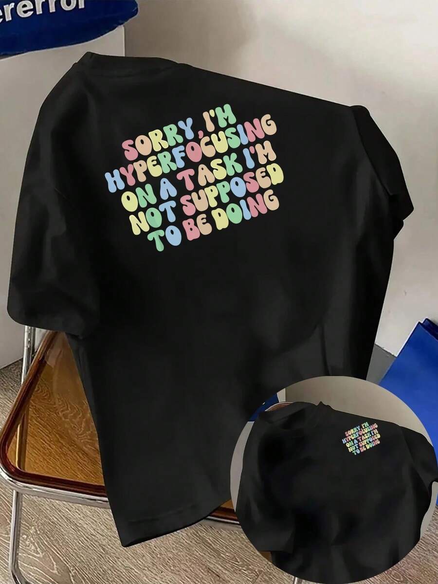 New Men's T-Shirt, 180g Weight, % Cotton, With A Self-Critical Design, Colorful Text Prints On The Front And Back, Men's Fashion Short Sleeve And A, Suitable For Casual Daily Wear And Outdoor Fitness Activities, With A Unique Double-Sided Pattern Design - To Wear Layered In Spring And Autumn Or Alone In Summer, Unisex Style. - 黑色 - 查看 1
