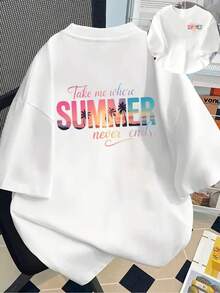 New Men's T-Shirt, 180g Heavyweight, 1% Cotton, Summer Style, Men's T-Shirt With SUMMER Design, Modern, Unique And Versatile, New Men's Clothing Of Popular Style, A Must-Have T-Shirt For Men With Front And Back Panels - Suitable For Layering In Spring And Autumn Or Alone In Summer, Unisex. - 白色 - 查看 1