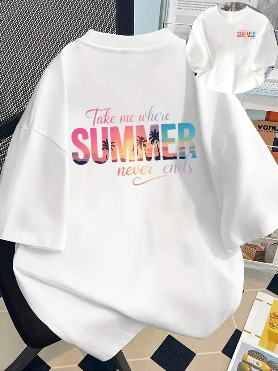 New Men's T-Shirt, 180g Heavyweight, 1% Cotton, Summer Style, Men's T-Shirt With SUMMER Design, Modern, Unique And Versatile, New Men's Clothing Of Popular Style, A Must-Have T-Shirt For Men With Front And Back Panels - Suitable For Layering In Spring And Autumn Or Alone In Summer, Unisex. - 白色 - 查看 1