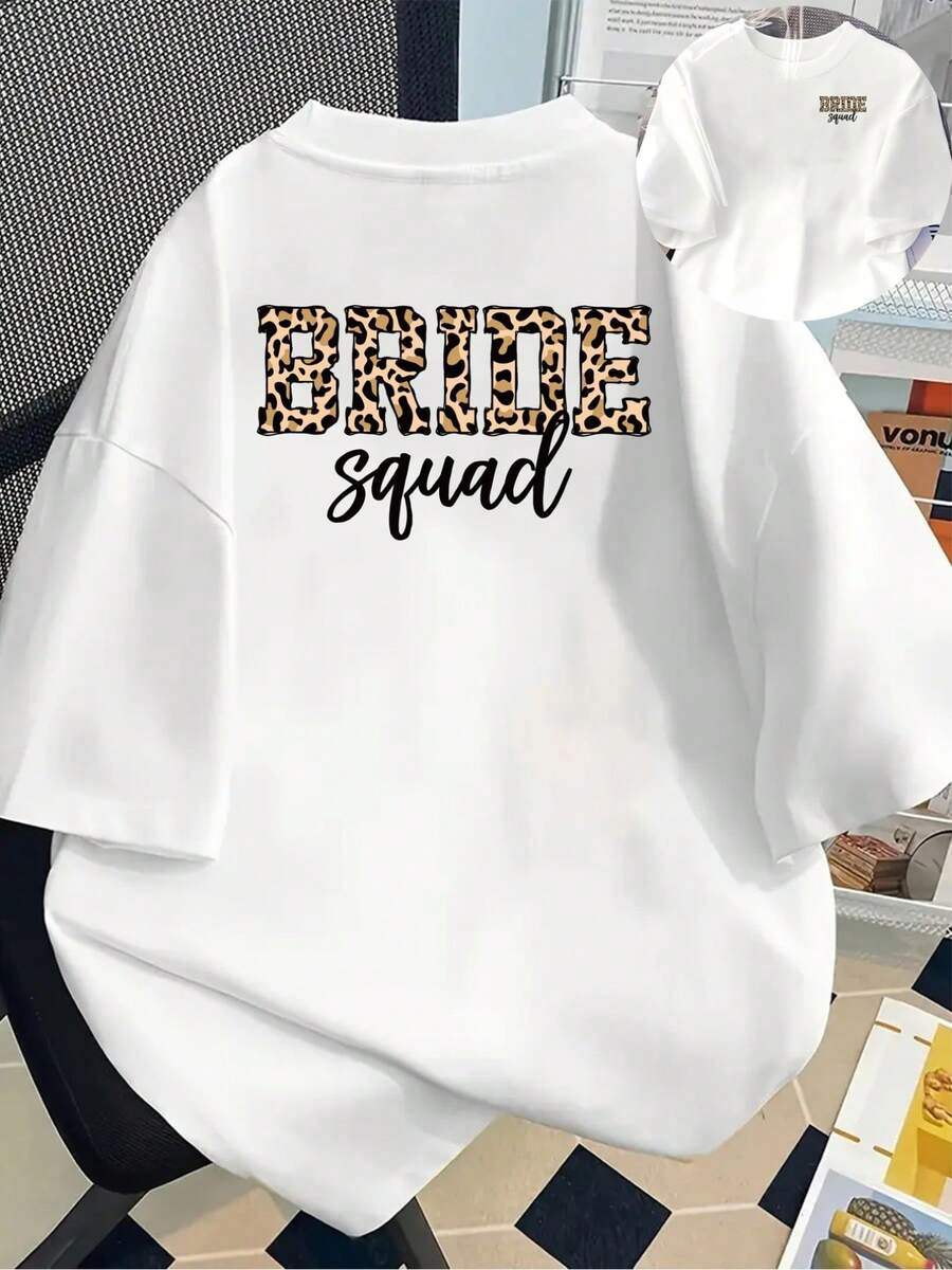 New 180gsm Short-Sleeved T-Shirt, 1% Cotton, With Front And Back Prints - Leopard Bride, Bride - Fashionable Printed T-Shirt For Women, Your Best Choice! - Suitable For Layering In Spring And Autumn, And For Wearing Alone In Summer, Unisex Style. - White - View 1
