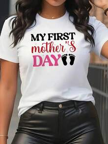 Modern And Minimalist T-Shirt For The First Mother's Day - With Footprint Print And Text "My First Mother's Day", Gift For New Moms, Short Sleeve Top, Suitable For Pregnancy Announcements And Outfits For New Moms, Casual Daily Wear For All Seasons (White/Pink). - 白色 - 查看 7