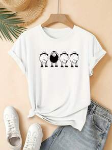 Women's Short-Sleeved Top, Modern Minimalist Style - Geometric Design With Four Cute Sheep Patterns, One Sheep In The Center, Casual Short-Sleeved Top Suitable For All Seasons, Various Options Available, Fashionable For Holidays, Retro Aesthetic Material, Interesting Print, Casual For Everyday Wear. - 白色 - 查看 7