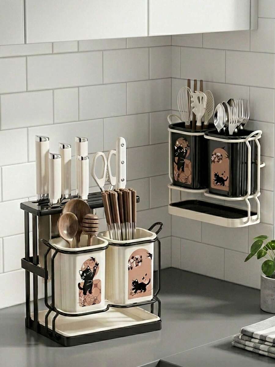 Cute Cat Print Kitchen Utensil Holder, Wall Mount Or Countertop Chopstick Caddy With Drain Base, Durable & Easy To Clean, Multi-Functional Organizer For Spoons, Forks & Kitchen Tools, Ideal For Small Kitchen - Multicolor - View 1