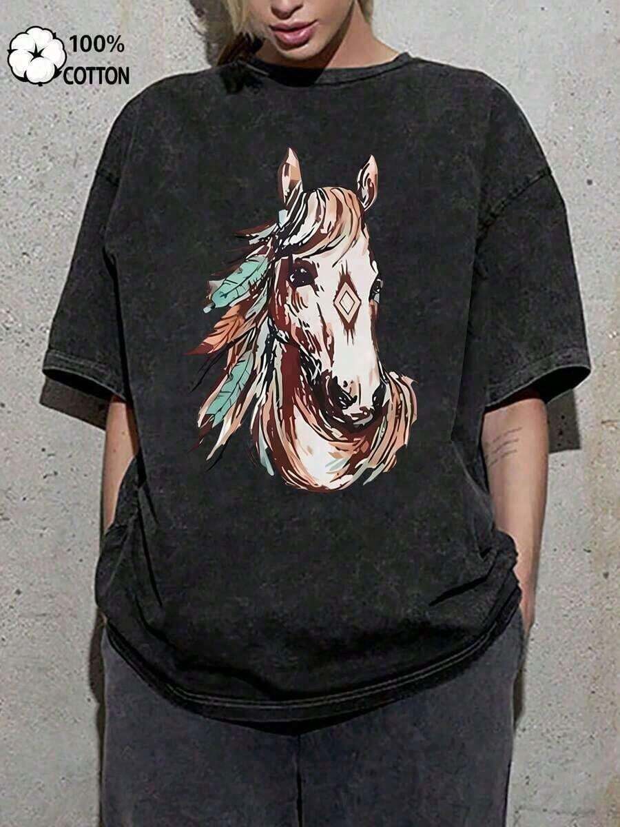 New Women's Basic T-Shirt For Everyday Wear, American Style, 100% Pure Cotton, Fun Retro Western Style T-Shirt, Horse Riding T-Shirt, Cartoon Letter Print T-Shirt, Vintage Clothing For Women, Mother's Day Outfit, Women's Clubwear 2026 - 黑色 - 查看 1