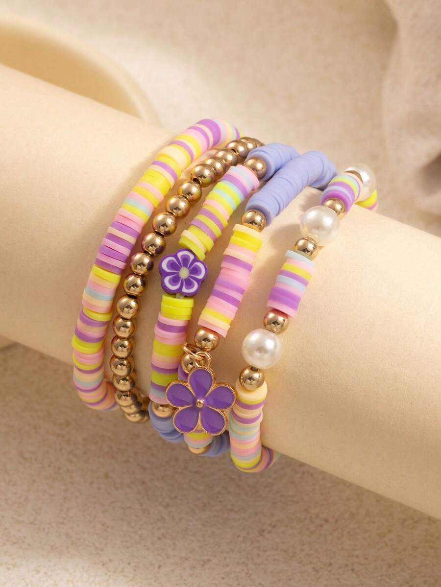 RINTOLER 5pcs/Set Summer Vacation Style Candy Color Soft Clay Beaded Flower Pendant Versatile Geometric Elastic Friendship Bracelet Set, Suitable For Daily Outings, Best Gift For Friends - Multicolor - View 1